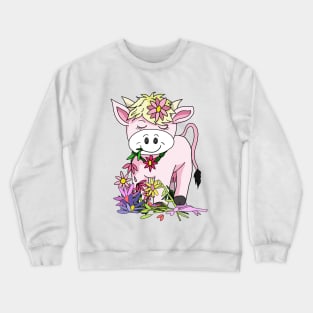 kawaii cow standing in pretty flowers Crewneck Sweatshirt